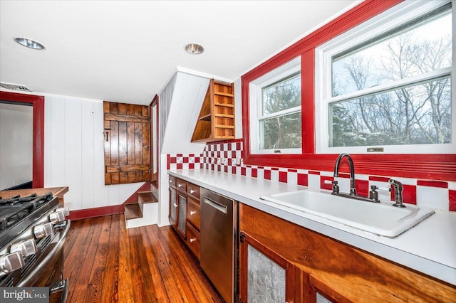 kitchen with stainless steel appliances, sink, and dark hardwood / wood-style flooring