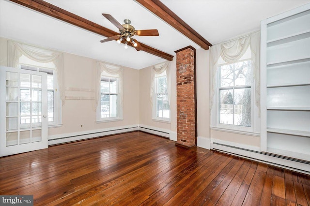 unfurnished living room with dark hardwood / wood-style floors, beam ceiling, and baseboard heating