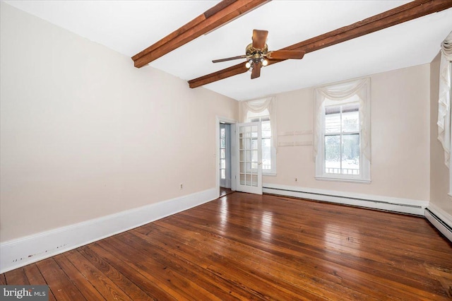 empty room featuring hardwood / wood-style flooring, ceiling fan, baseboard heating, and beam ceiling