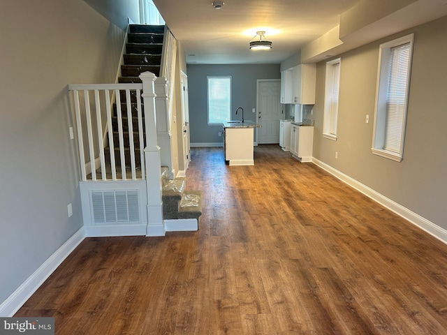 interior space with sink and dark hardwood / wood-style flooring