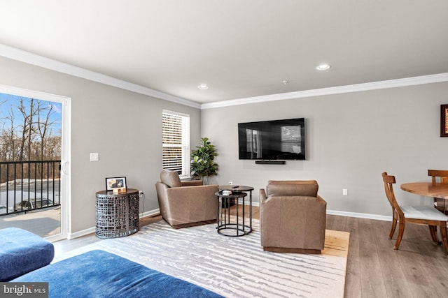 living room featuring crown molding and hardwood / wood-style flooring