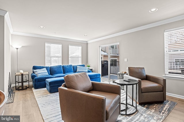 living room featuring ornamental molding and light wood-type flooring