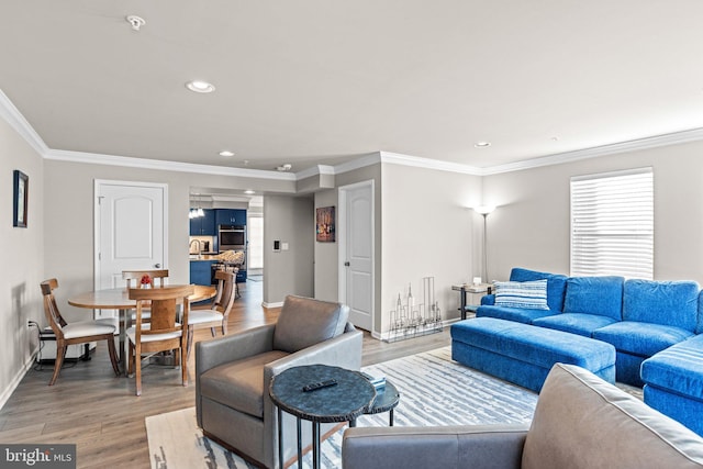 living room with crown molding and wood-type flooring