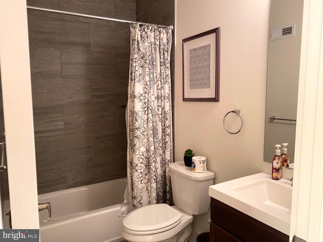 full bathroom with vanity, toilet, and shower / bathtub combination with curtain