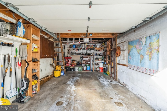 garage with a workshop area