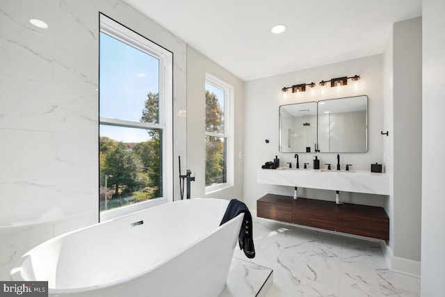 bathroom with plenty of natural light, vanity, and independent shower and bath