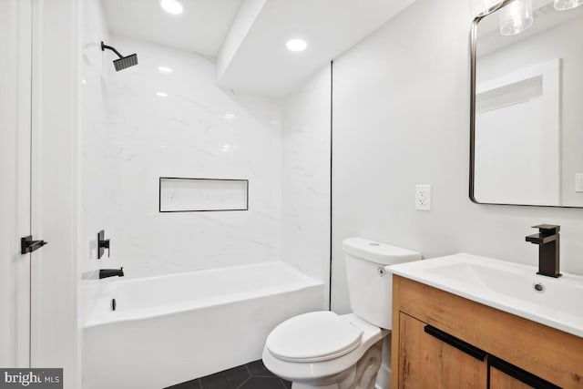 full bathroom featuring shower / bathtub combination, toilet, vanity, and tile patterned flooring