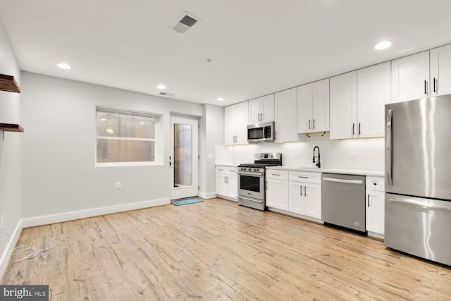 kitchen with white cabinets, stainless steel appliances, and light wood-type flooring