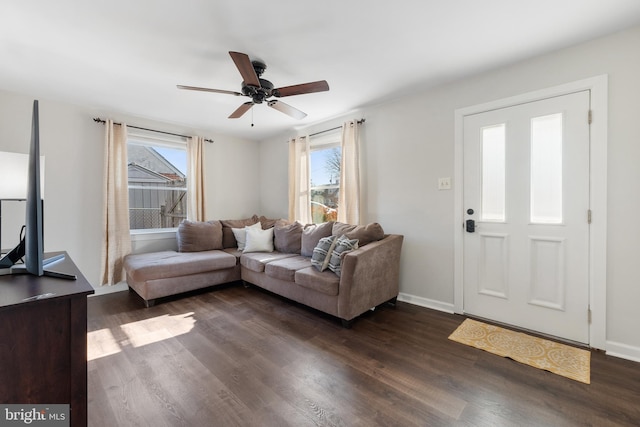 living room with ceiling fan and dark hardwood / wood-style flooring