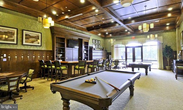 recreation room with billiards, carpet flooring, coffered ceiling, bar, and beam ceiling