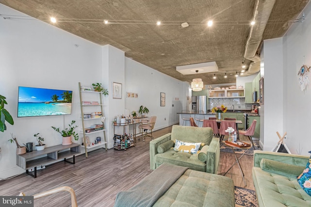 living room featuring rail lighting, hardwood / wood-style floors, and sink