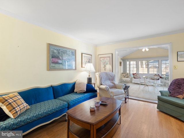 living room featuring crown molding and light hardwood / wood-style floors