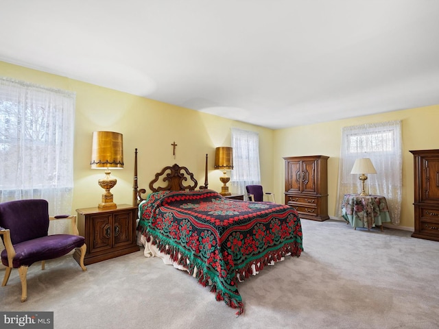 bedroom featuring multiple windows and light carpet