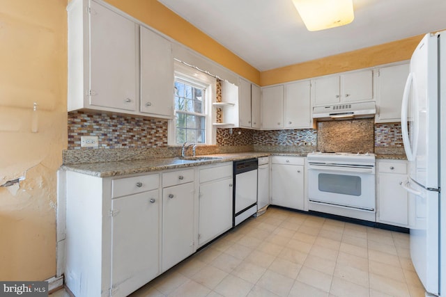 kitchen featuring backsplash, sink, white appliances, and white cabinets