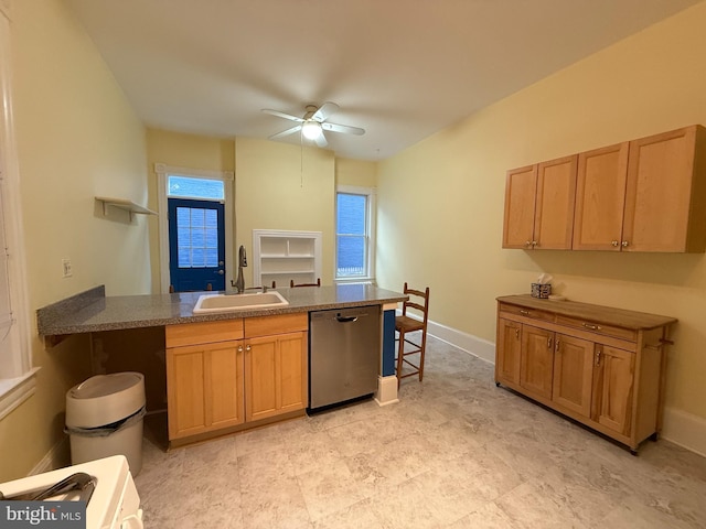 kitchen with sink, stainless steel dishwasher, and ceiling fan