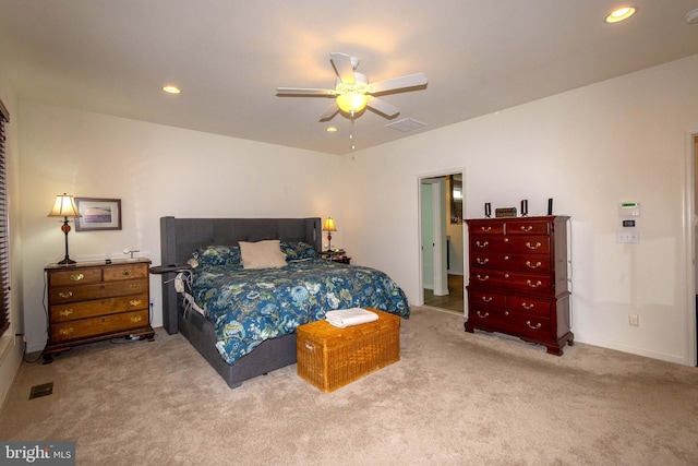 carpeted bedroom featuring ceiling fan