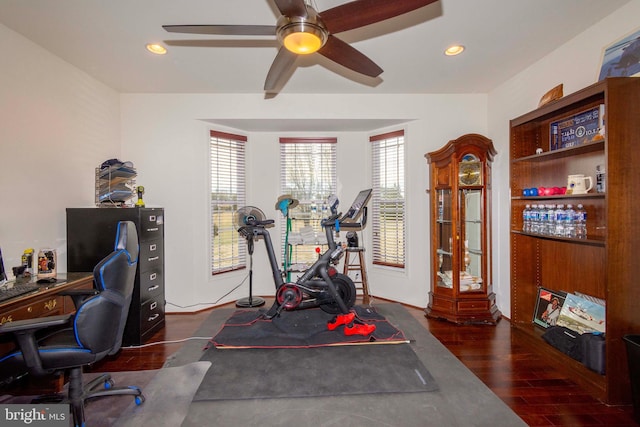 office featuring dark hardwood / wood-style flooring and ceiling fan