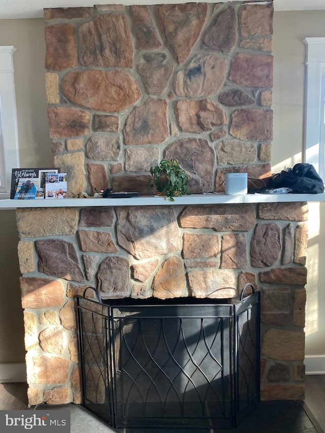 room details with a stone fireplace