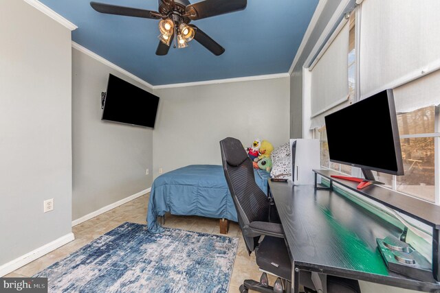 bedroom featuring ceiling fan, tile patterned floors, baseboards, and ornamental molding