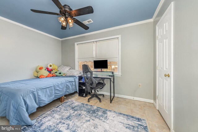 tiled bedroom with visible vents, ceiling fan, baseboards, and ornamental molding