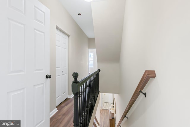 stairway featuring hardwood / wood-style flooring