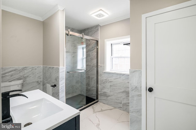 bathroom with vanity, crown molding, tile walls, and an enclosed shower