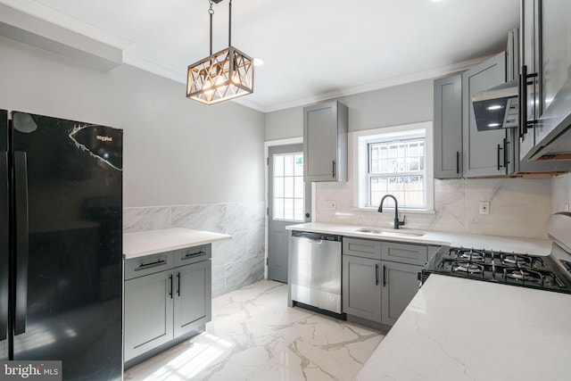 kitchen with dishwasher, hanging light fixtures, gray cabinetry, gas range, and black fridge