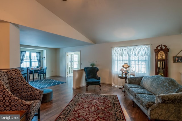 living room with lofted ceiling and dark hardwood / wood-style floors