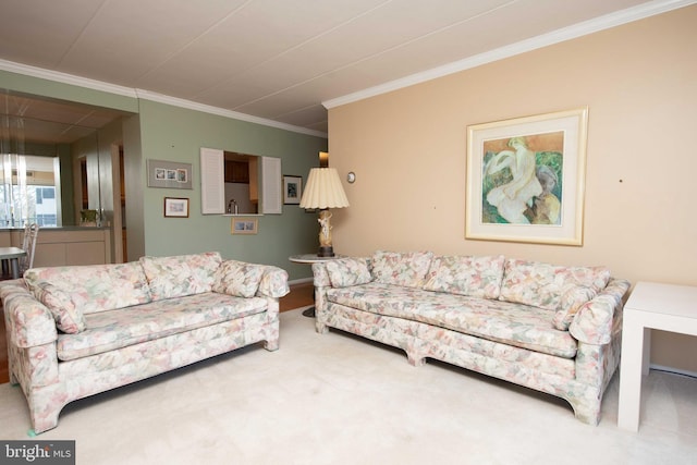 carpeted living room with ornamental molding