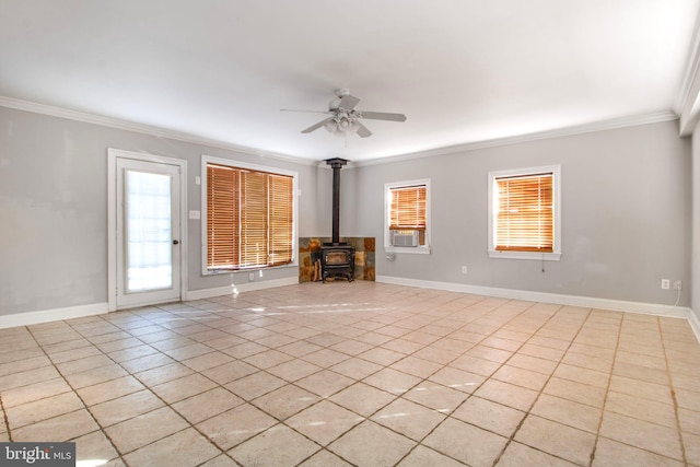 unfurnished living room featuring crown molding, a healthy amount of sunlight, and light tile patterned floors