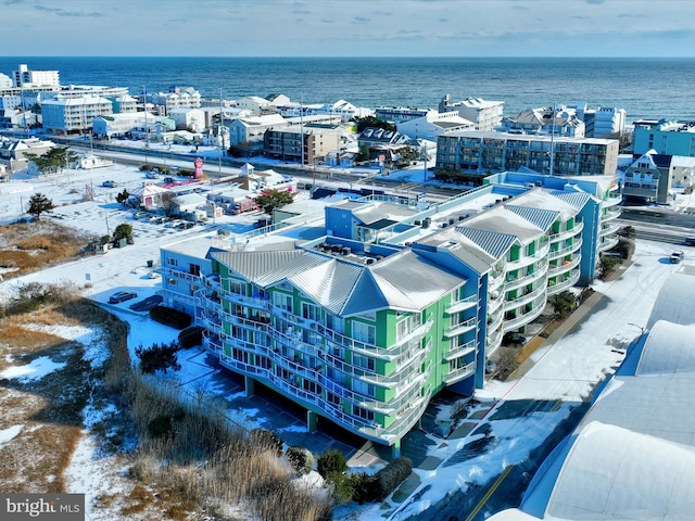 drone / aerial view featuring a water view