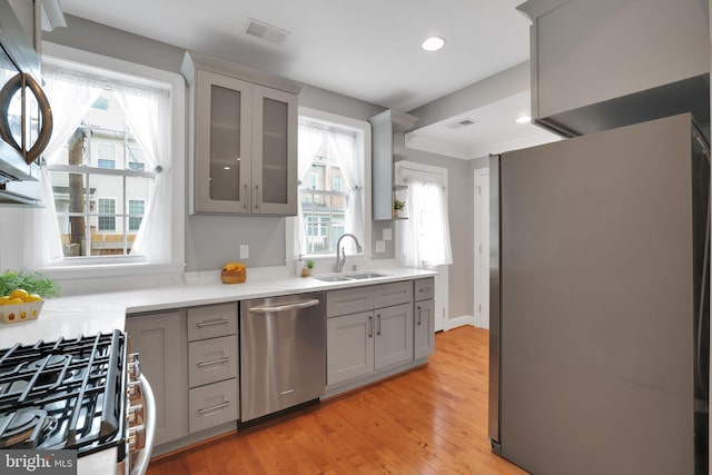 kitchen with sink, gray cabinets, light hardwood / wood-style floors, and appliances with stainless steel finishes