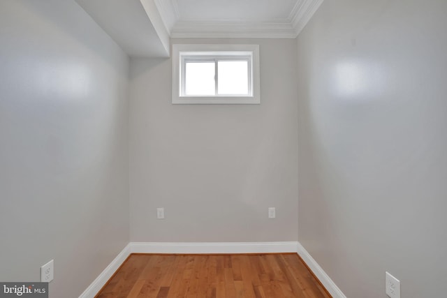 spare room featuring ornamental molding and light hardwood / wood-style flooring