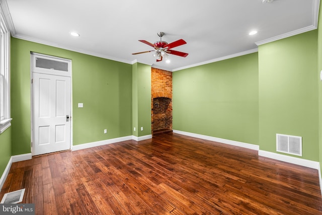 unfurnished living room featuring hardwood / wood-style flooring, visible vents, and crown molding