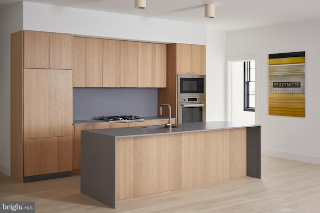 kitchen with sink, appliances with stainless steel finishes, a kitchen island with sink, and light wood-type flooring