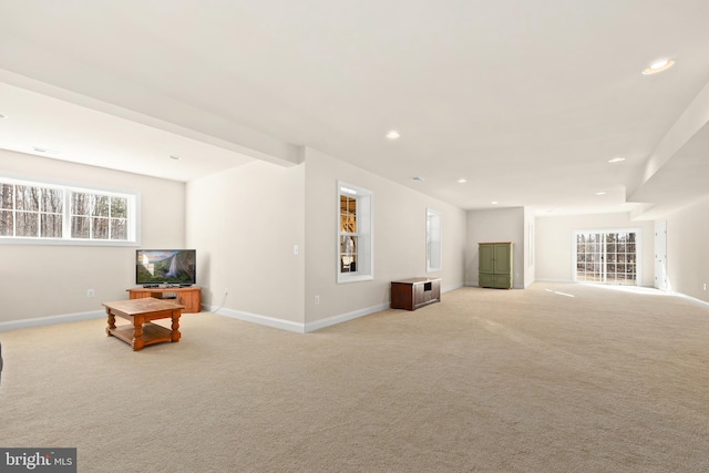 living room featuring light colored carpet