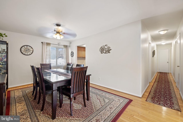 dining room with light hardwood / wood-style floors and ceiling fan