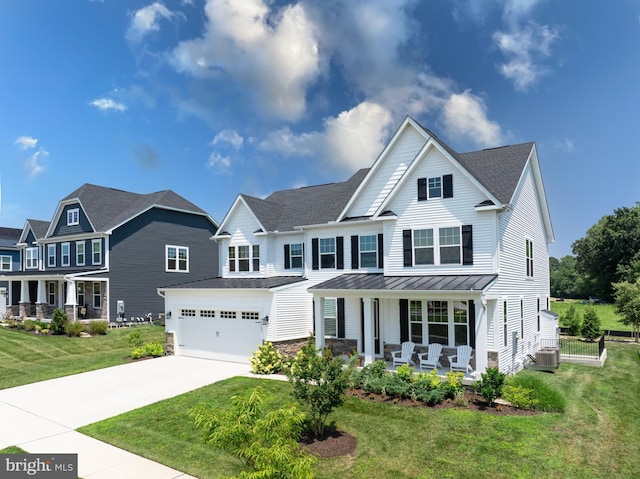 view of front facade featuring cooling unit, a garage, a front yard, and a porch