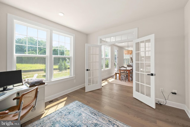 office with dark wood-type flooring, french doors, and a healthy amount of sunlight