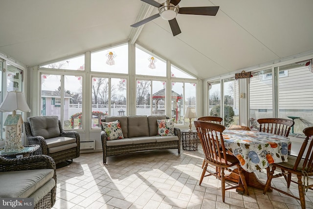 sunroom with ceiling fan, plenty of natural light, and vaulted ceiling with beams