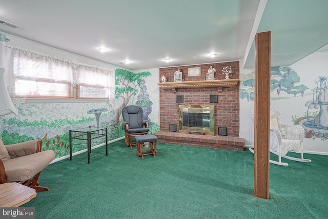 living room featuring a fireplace and carpet floors