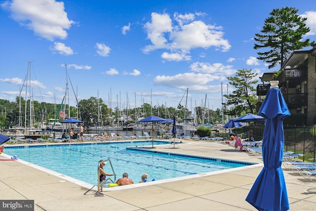 view of swimming pool with a patio