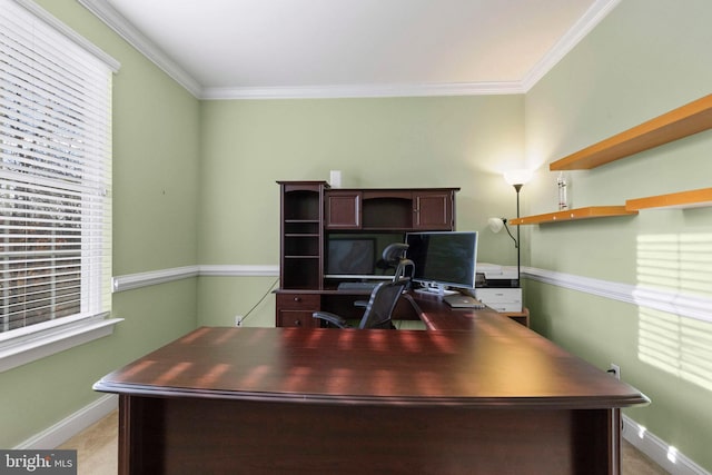 office area with light colored carpet and ornamental molding