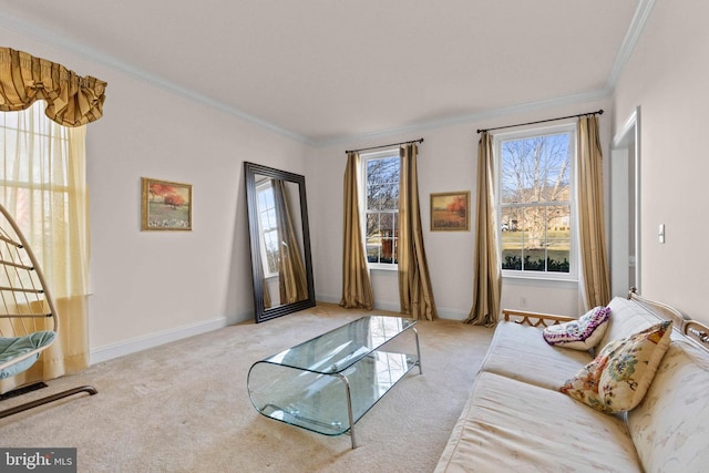 carpeted living room featuring ornamental molding