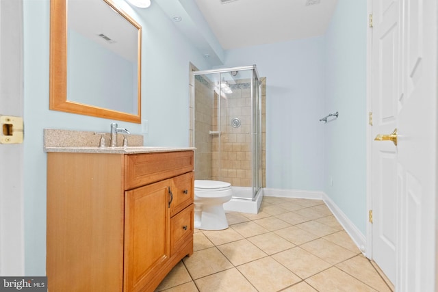 bathroom featuring walk in shower, tile patterned floors, toilet, and vanity