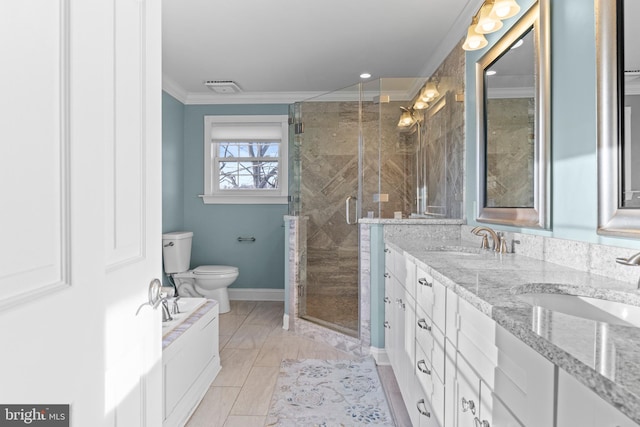 bathroom featuring ornamental molding, toilet, an enclosed shower, and vanity