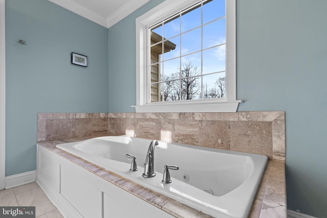 bathroom featuring tile patterned flooring, tiled tub, and ornamental molding