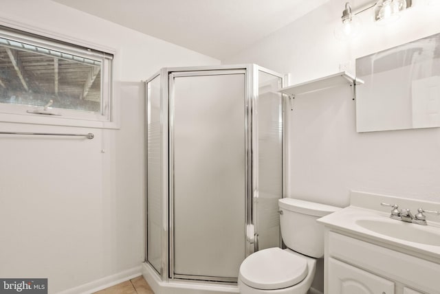 bathroom featuring vanity, an enclosed shower, tile patterned floors, and toilet