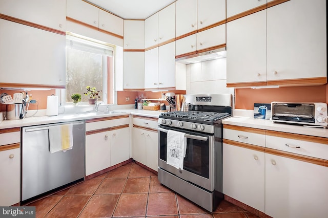 kitchen featuring white cabinets, dark tile patterned floors, stainless steel appliances, and sink