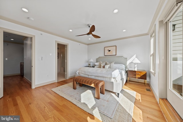 bedroom featuring baseboards, recessed lighting, light wood-type flooring, and ornamental molding